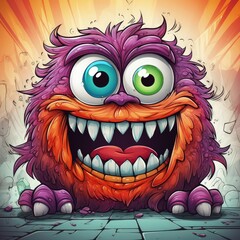 Fototapeta premium Funny Angry Monster in Bright Doodle Art Style