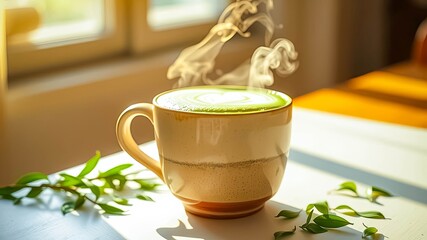 Warm Steaming Matcha Latte in a Rustic Mug with Green Leaves on a Sunny Table