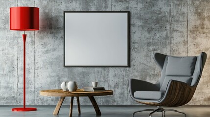Red lamp and grey armchair with wooden table set against a concrete wall and blank poster.