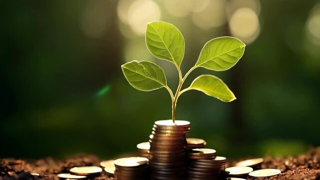 A plant is growing on top of a pile of coins. The coins are arranged in a pyramid shape, ESG Environmental, social, and governance, carbon reduction net zero and climate change