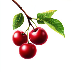 Fresh red cherries hanging on a branch with vibrant green leaves, symbolizing summer.