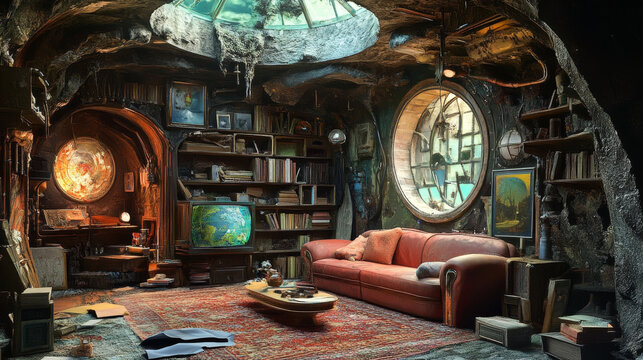 A uniquely designed living room interior with unconventional furniture and decor elements, rendered in a 3D design concept.






