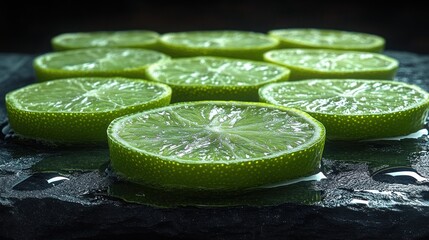 Fresh lime slices arranged on a dark surface, showcasing vibrant colors and textures.