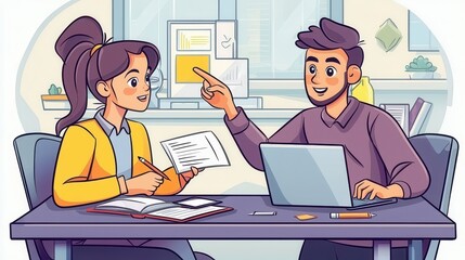 A young man and woman working together at a shared desk in a modern office. They are discussing a project, with one person pointing at a laptop screen and the other taking notes in a notebook. 