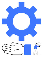 Large blue cogwheel above an open hand with a person carrying a large light bulb. Ideal for teamwork, collaboration, innovation, support, ideas, problem-solving, technology. Line metaphor