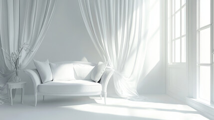 A stylish white room featuring a modern sofa, embodying Scandinavian interior design. Rendered in 3D.






