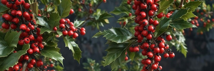 Obraz premium Inkberry holly gallberry in full bloom with red berries , spring foliage, forest landscape, eastern america