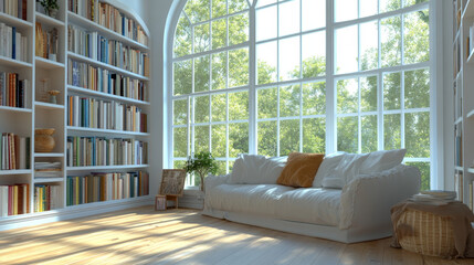 , wooden bookshelves, and decorative elements on a spacious wall. A large window reveals a serene white landscape, complementing the Nordic-inspired design. 3D illustration."