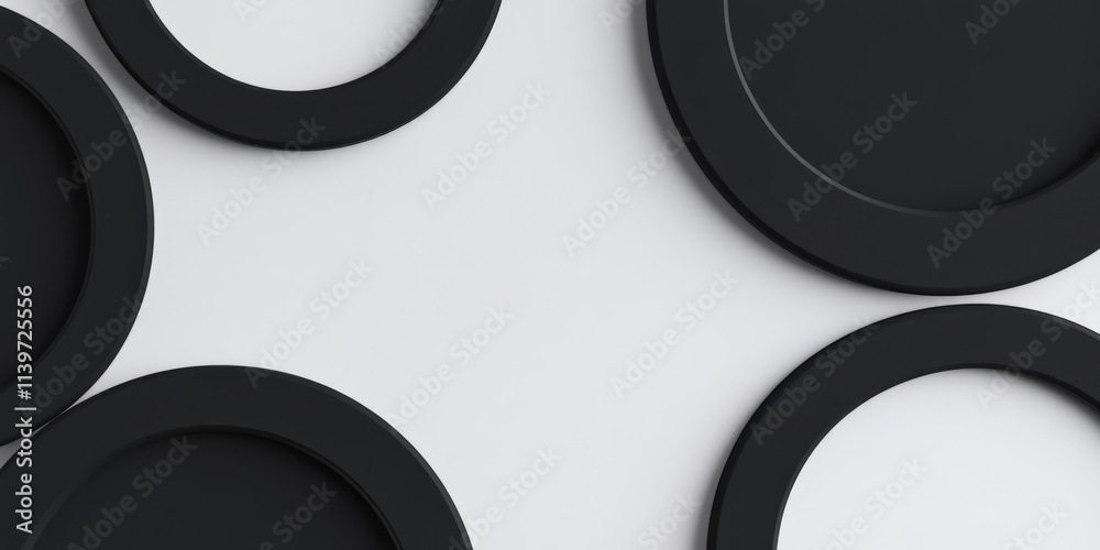 Poster artistic arrangement of black circular banners on a clean white background with subtle shadows