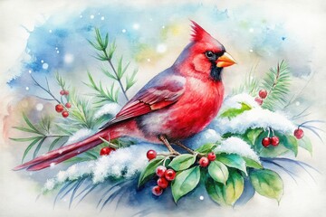 Hand-painted watercolor cardinal and winter foliage perfect for holiday decor, Christmas, and New Year celebrations. Ideal for seasonal illustrations and greeting cards.
