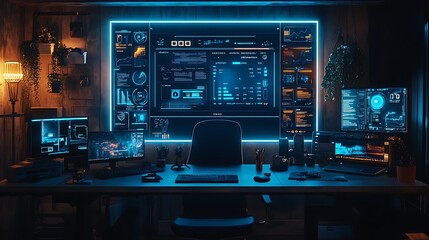 A digital smart bulletin board displaying reminders, weather updates, and a to-do list, placed above a high-tech desk setup with futuristic gadgets and LED lighting, hd quality, innovative and sleek.