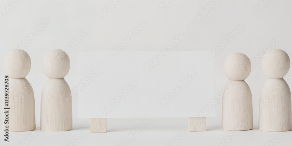 Aufkleber banner display with carved wooden figures creating an inviting atmosphere for messaging or branding