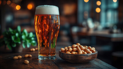 A pint of craft beer with a frothy head, served alongside a bowl of salted peanuts