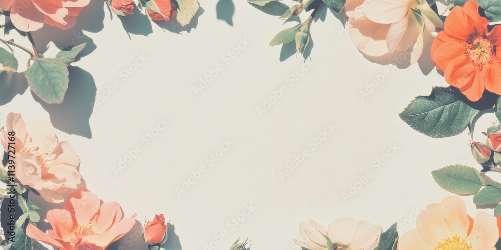 Poster banner featuring pressed flowers around a contrast empty space for creative designs and invitations