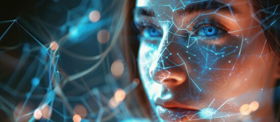 Futuristic technological scanning of a woman with glowing blue eyes and digital effects