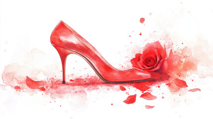 A pair of red high heels with a trail of rose petals