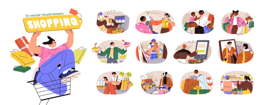 People shopping set. Customers with carts buy products, clothes in retail stores. Buyers make purchases on sale in supermarket, grocery market. Flat isolated vector illustrations on white background