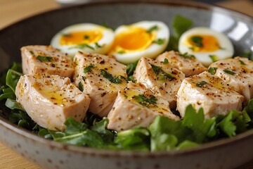 Healthy lunch salad with egg, tuna, olive oil and meat
