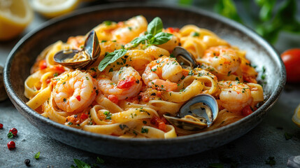 A seafood pasta dish with clams, shrimp, and linguine in a white wine sauce