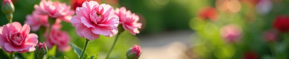 Obraz premium Delicate pink carnation blooms on a garden path, gardening, floral arrangement, flower gardens
