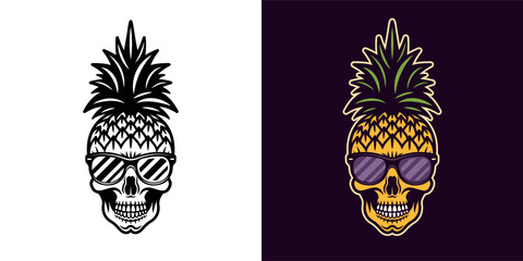 Skull pineapple in sunglasses cartoon character, summer theme vector illustration in two styles, black on white and colored © Flat_Enot
