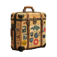 Adventure awaiting vintage suitcase covered in travel stickers nostalgic setting close-up view wanderlust concept