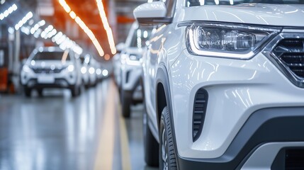 Obraz premium Modern cars elegantly arranged in an industrial showroom, showcasing sleek designs and advanced technology, embodying innovation and automotive excellence.