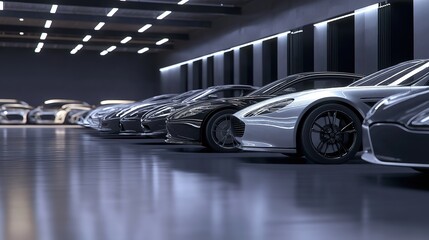 Fototapeta premium Modern cars elegantly arranged in an industrial showroom, showcasing sleek designs and advanced technology, embodying innovation and automotive excellence.