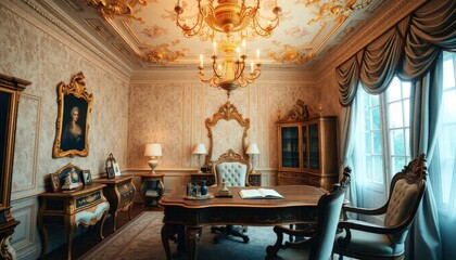 Rococo Style - Interior Design of Work Space with Rococo Concept - Luxury Hotel Work Space - Work Space with Many Ornaments - Interior of Work Space or Hotel Work Space with Large Table - Interior