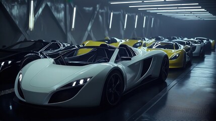 Obraz premium Modern cars elegantly arranged in an industrial showroom, showcasing sleek designs and advanced technology, embodying innovation and automotive excellence.