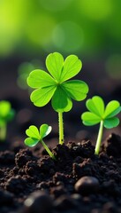 Naklejka premium Clover seeds germinate on dark soil with roots, flowers, soil, growth
