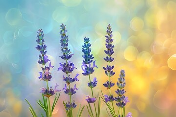 Obraz premium Captivating view of a vibrant french lavender field under the enchanting hues of a sunset, meadow of speedwell flowers close up, Afternoon time, vibrant color, Close up of lavender flowers.