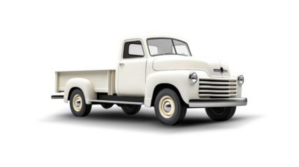 Classic white truck stands isolated with an empty cargo bed, evoking nostalgia and simplicity, ideal for showcasing creative designs or text.