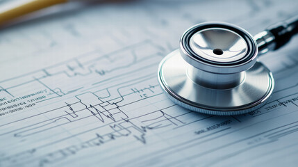 Stethoscope on a medical chart with an ECG line, a close-up shot