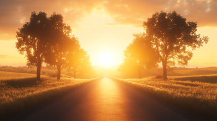 A tranquil landscape at sunset, featuring a long road lined with trees and golden light.