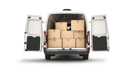 Cardboard boxes are arranged in a white van with open back doors, creating a sense of organized transport. The bright setting highlights the van's contents.
