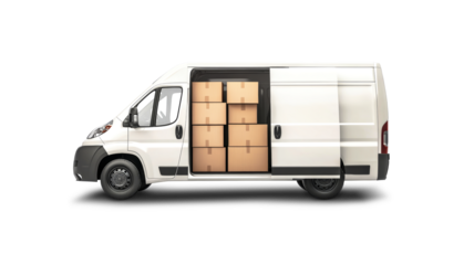A white van stands isolated with its back doors ajar, showcasing neatly stacked cardboard boxes inside, perfect for shipping and logistics purposes.