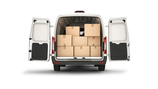 Cardboard boxes are arranged in a white van with open back doors, creating a sense of organized transport. The bright setting highlights the van's contents.