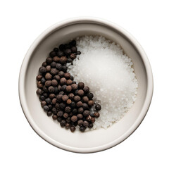 From a top-down angle, a bowl holds a blend of coarse sea salt and black pepper