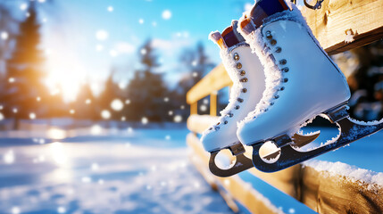 Close-up of white ice skates hanging on a wooden fence in a snowy landscape.