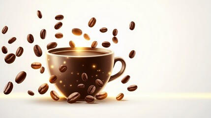 Obraz premium Aromatic Coffee Cup with Floating Coffee Beans Against a Soft Background, Capturing the Essence of Morning Rituals and Coffee Culture