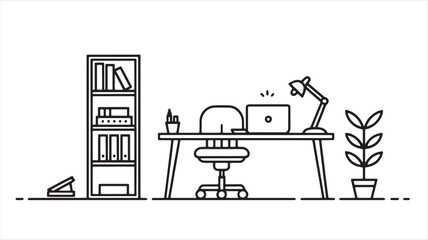 Modern office workplace. A minimalist black and white vector illustration of an office setup, office desk.