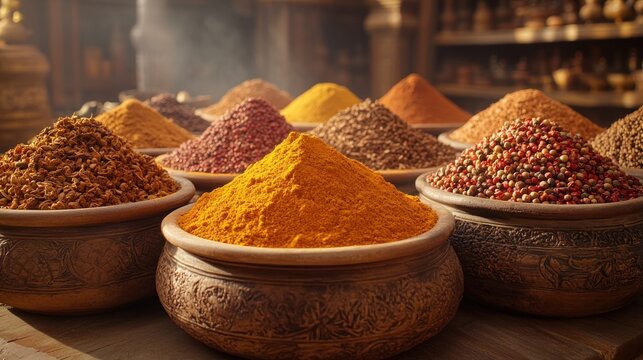 Aromatic spice powders in bowls at a market.