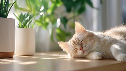 Relaxing Cat Sunbathing on Wooden Table Beside Peaceful Green Plants in Bright Room