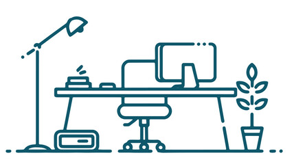 Modern office workplace. A minimalist black and white vector illustration of an office setup, office desk.