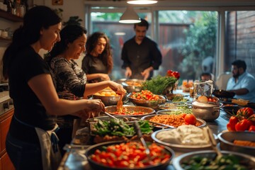 A family gathered around a kitchen, joyfully preparing a meal together with fresh ingredients in a cozy, homey environment.