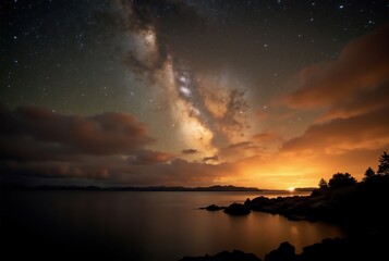Obraz premium Milky way galaxy shining over calm lake at sunset