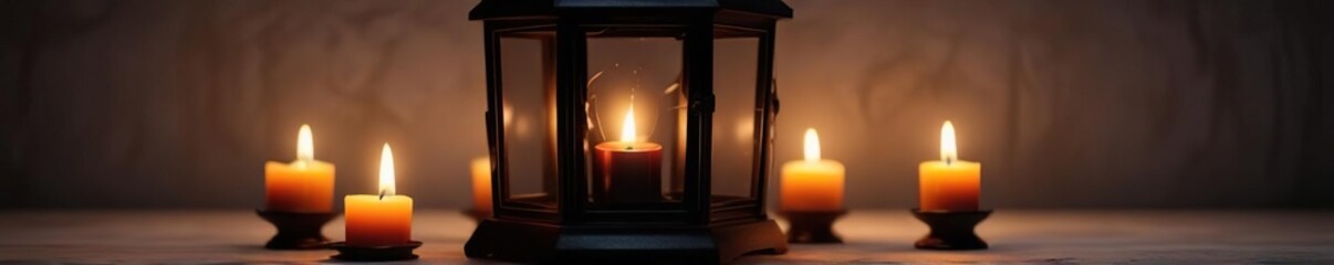 A glowing black lantern with multiple candles lit on its surface, black, glow, lit