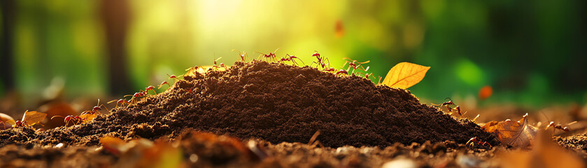 A vibrant forest scene highlighting a mound of rich soil under soft sunlight.