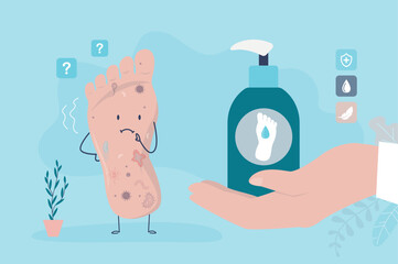 Unhappy patient foot mascot, doctor gives medical lotion or cream for treatment. Foot and leg health problems. Medical help.